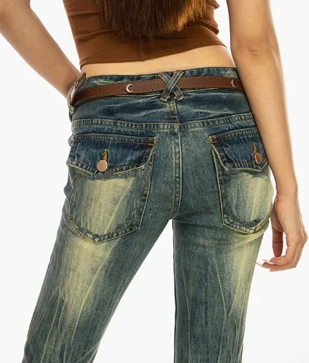 Fashion Denim Mid Rise Fading Vintage Washed High Quality Micro-flared Raw Hem Jeans Denim Pants for Women