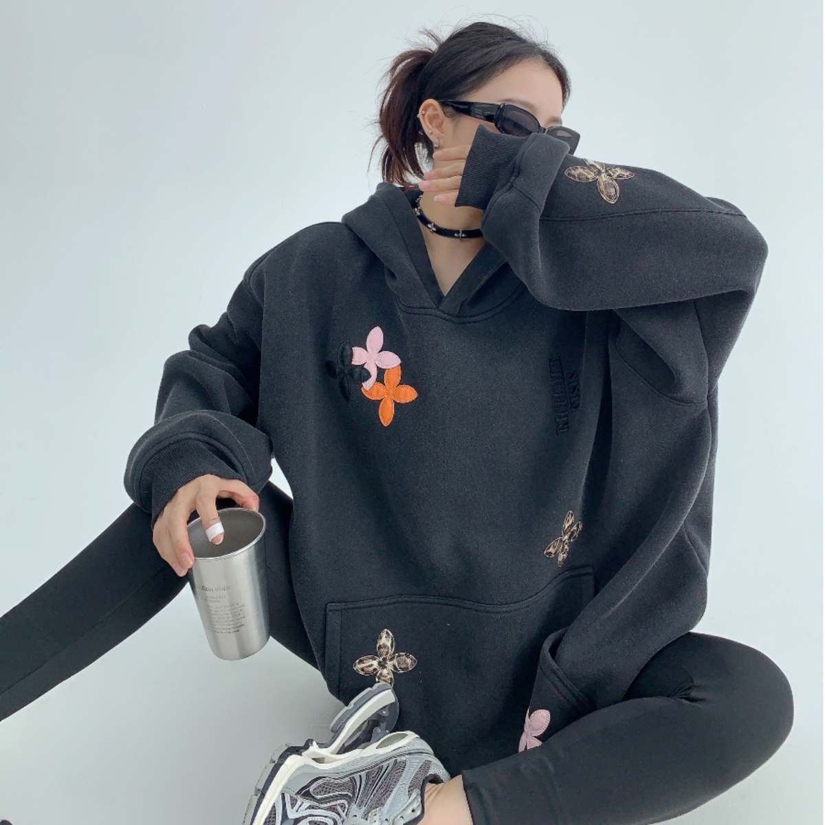 Women's Casual Fashion Oversize Hoodie Embroidery Sustainable Plus Fleece Coat for Autumn Spring Waterproof Long Winter Knitted