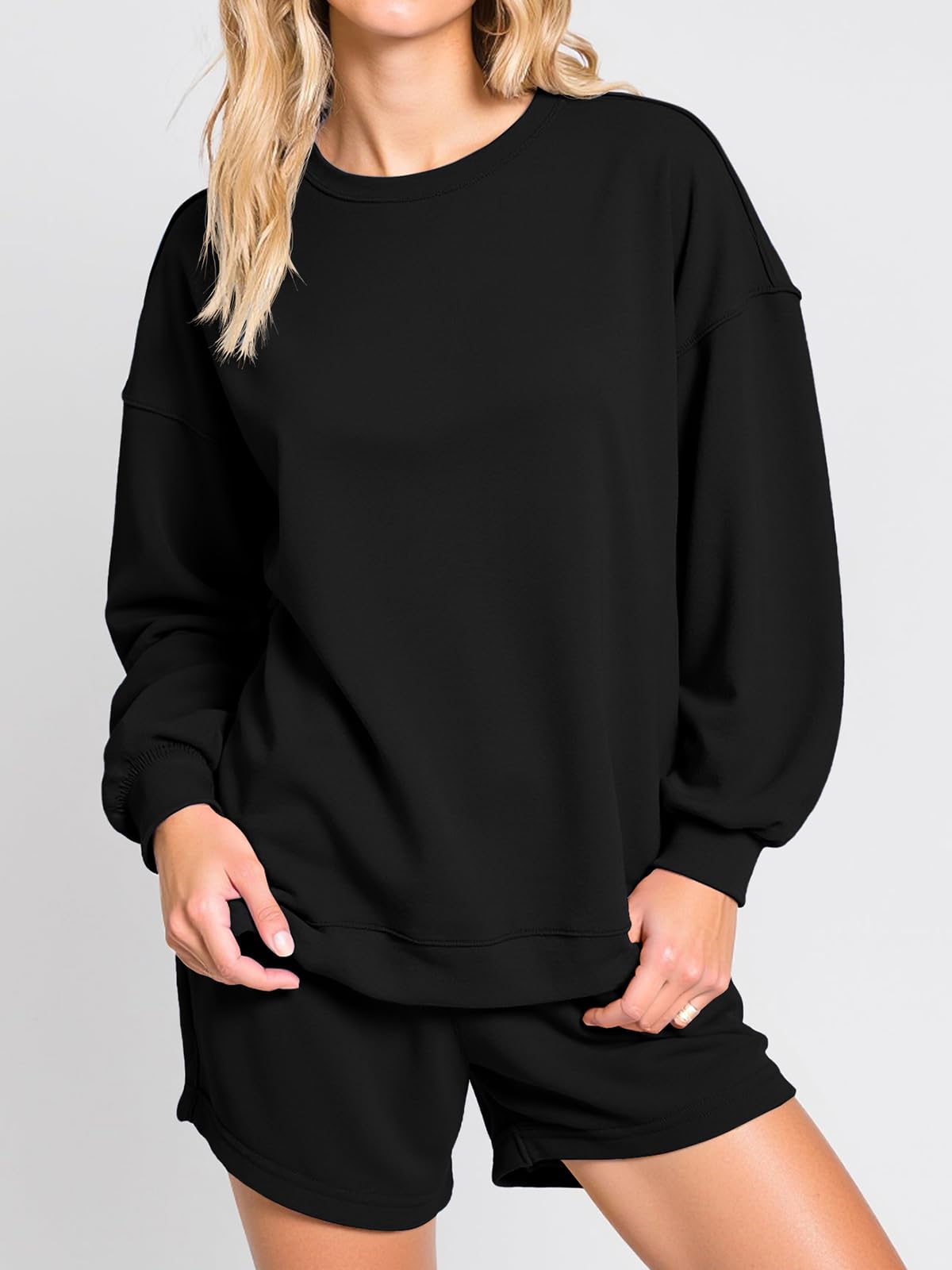Women's Black Knitted Sweatshirt Set Long Sleeve O-Neck Loose Fit Casual Two Piece Shorts Set All Seasons Wear