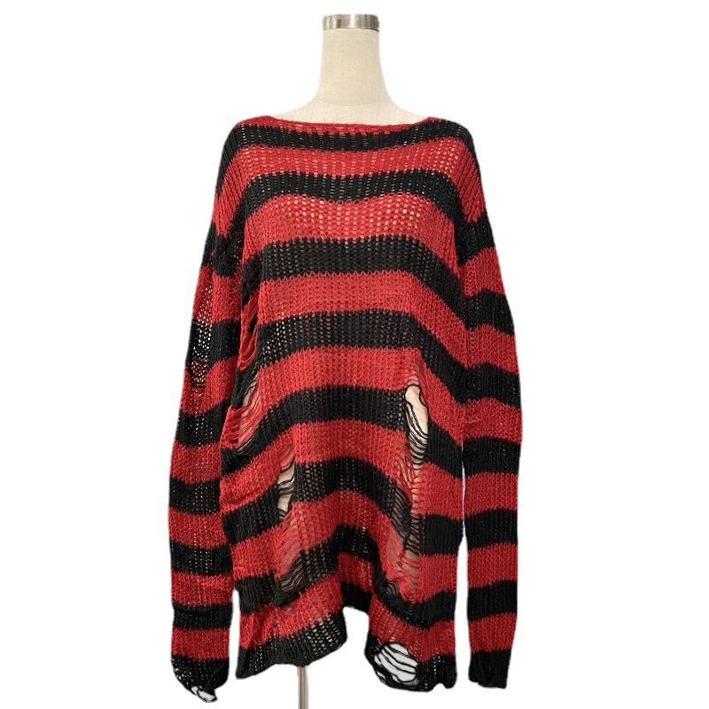 Y2K Women's Long Knitted Mohair Streetwear Pullover New European American Loose Striped Holey Thin Knit Sweater