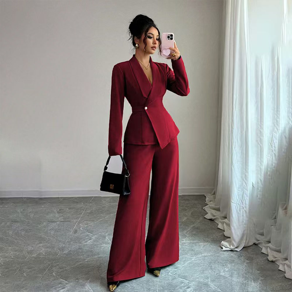 Customizable Women's Elegant Vintage Fashion 2-Piece Set Long-Sleeve Blazer Breathable Eco-Friendly Straight-Leg Pants 100%