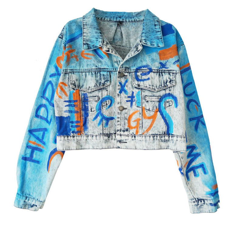Hot Selling Female Denim Jacket for Spring Vintage Y2K Style Hand-Painted Graffiti Fashionable Loose Fit New Female Personality