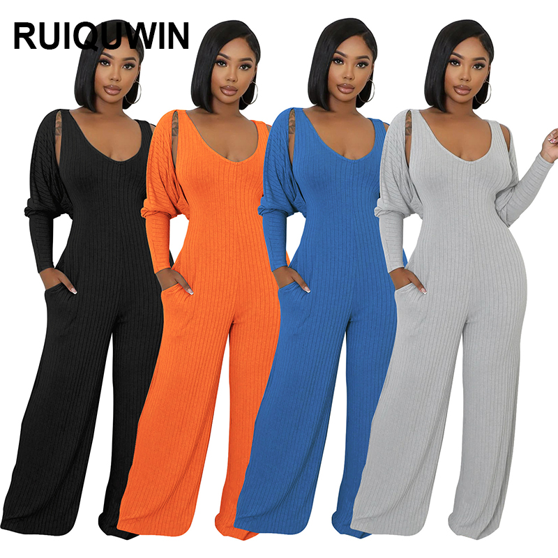 RUIQUWIN Wholesale Women's Knitwear Set Long Sleeve Cardigan Top Wide Leg Pockets Jumpsuit Casual Spring Fall Two Piece Outfit