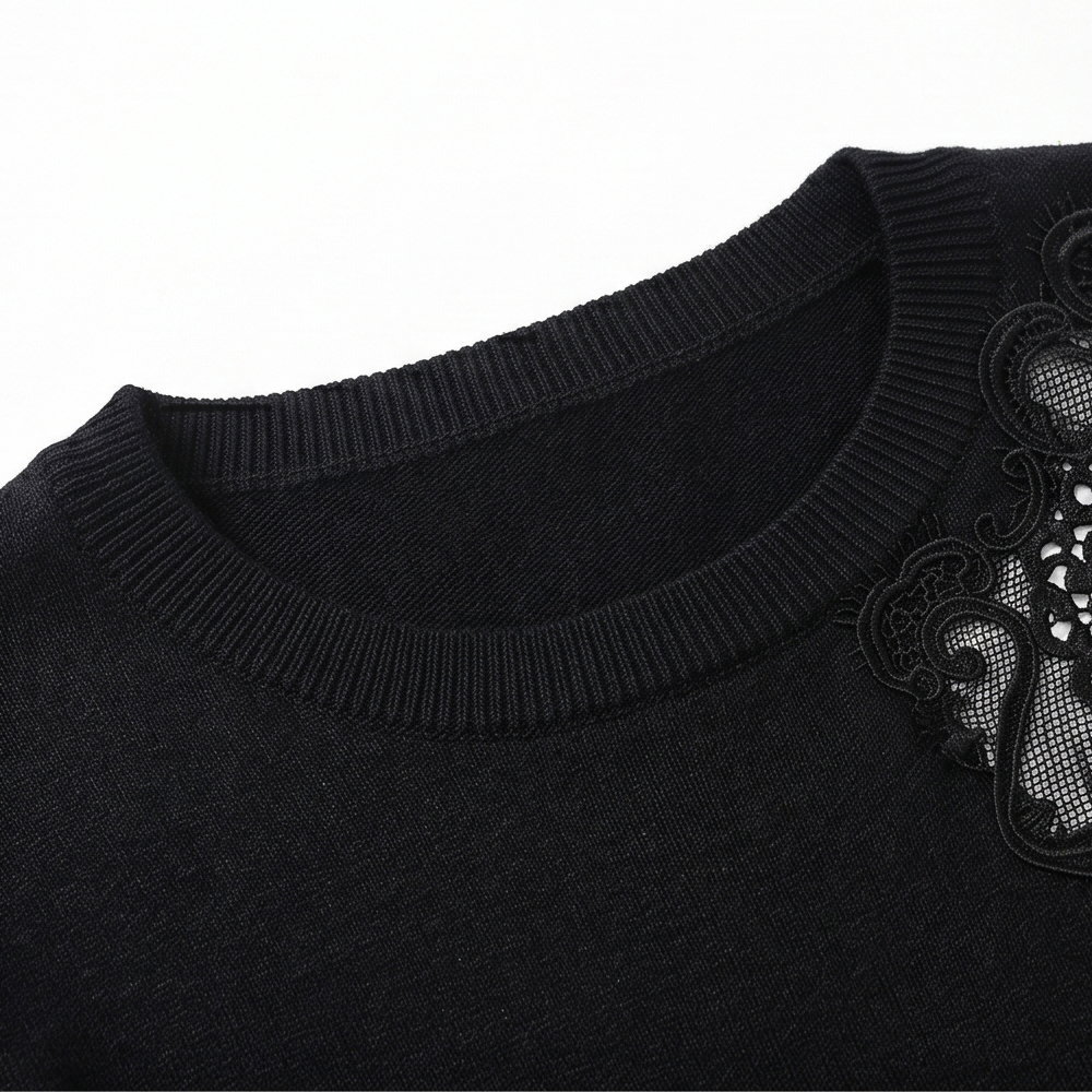 Premium New Honssen Women 99% Silk Knitwear Fine Sequin Anti Static Lace Splicing at Shoulder &amp; Hem Elegant Long Sleeve Top