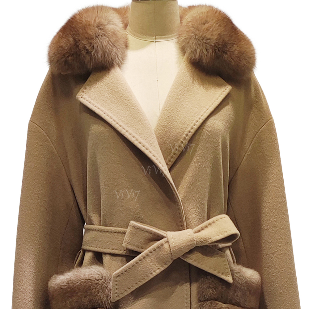 ViVi7 Luxury High End Premium Elegant 100% Wool Fabric Belted Waist Tie Waist Long Length Overcoat Women Wool Fox Fur Coat