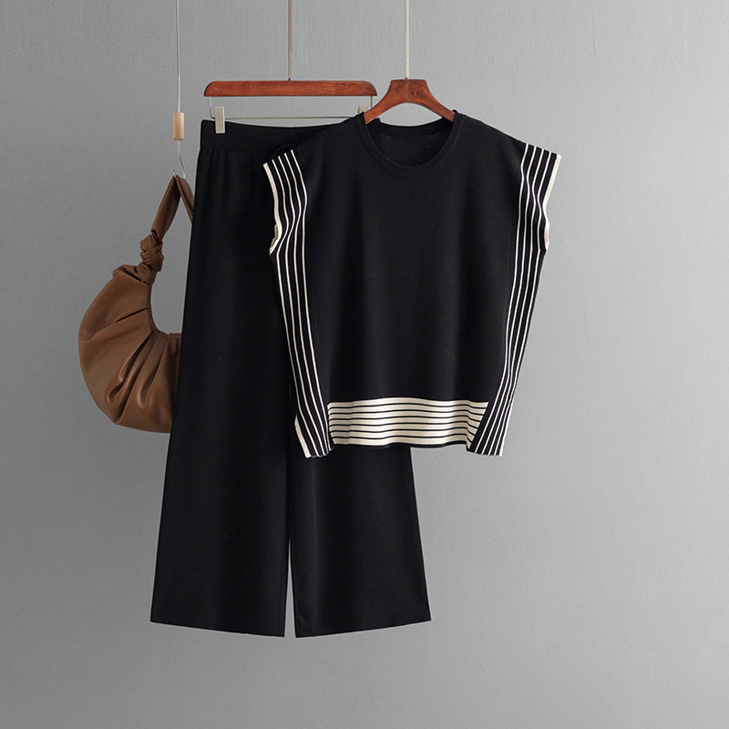 Women's Two-Piece Set Striped Knitted Pullover Sweater Loose Pants for Summer Fashionable Ropa De Mujer Roupas Femininas Da Moda