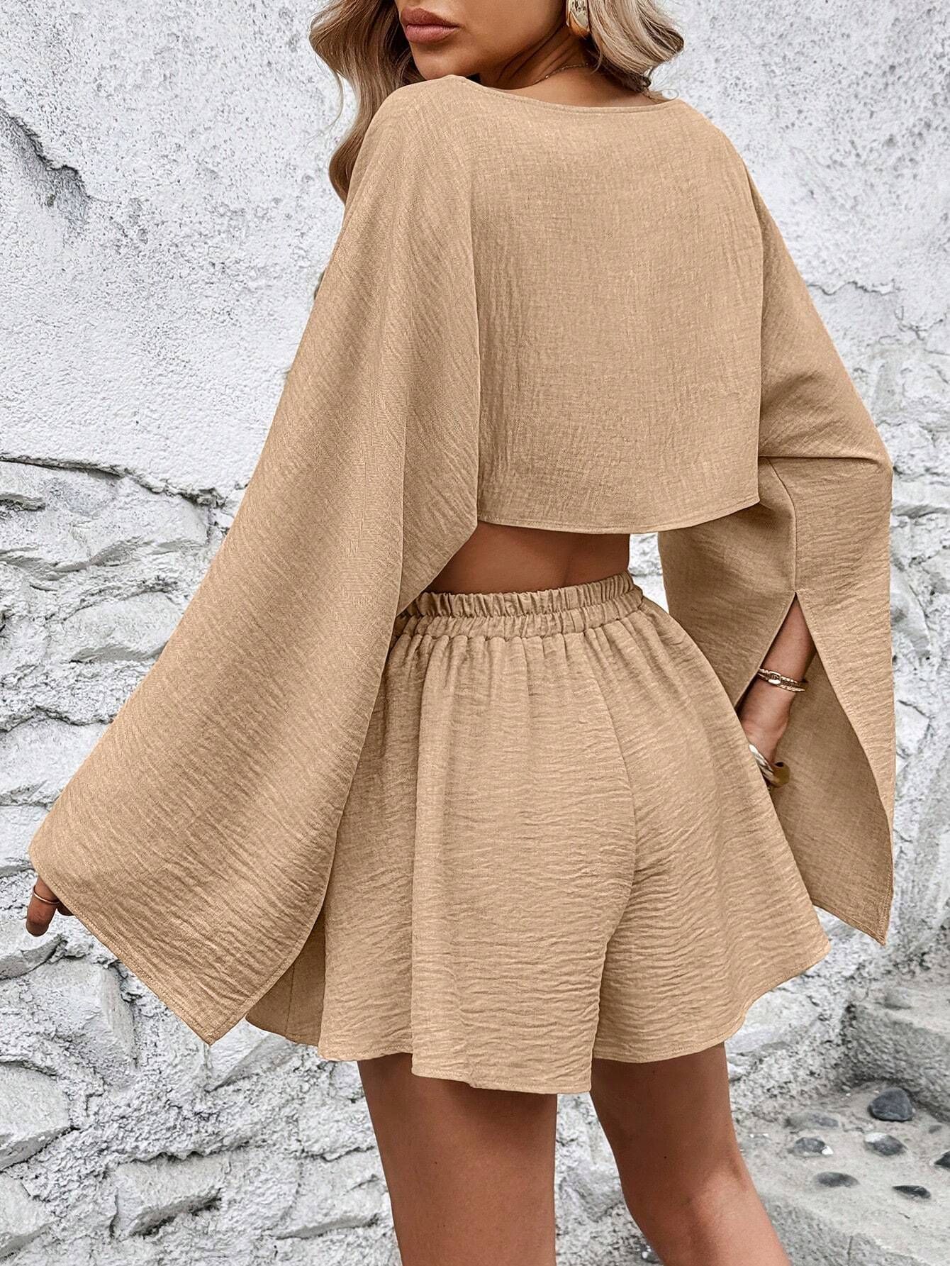 Women's 2025 Summer Resort Wear European Style Long Sleeve Top Designer Shorts Casual Vacation Collection Two-Piece Outfit