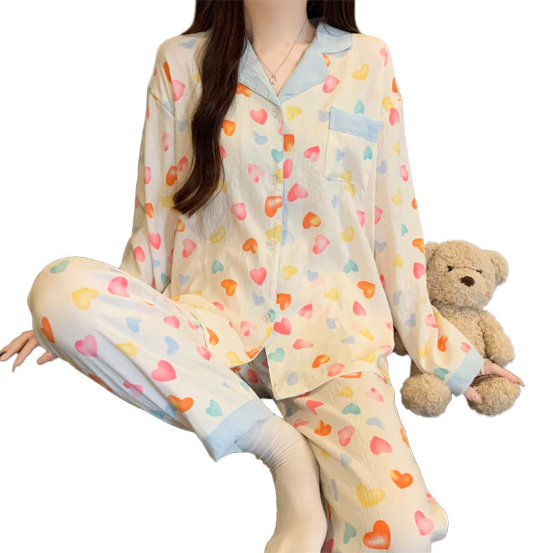 Sweet Heart Print Autumn New Arrival Women's Comfortable Loungewear Set With Collar and Long Sleeves