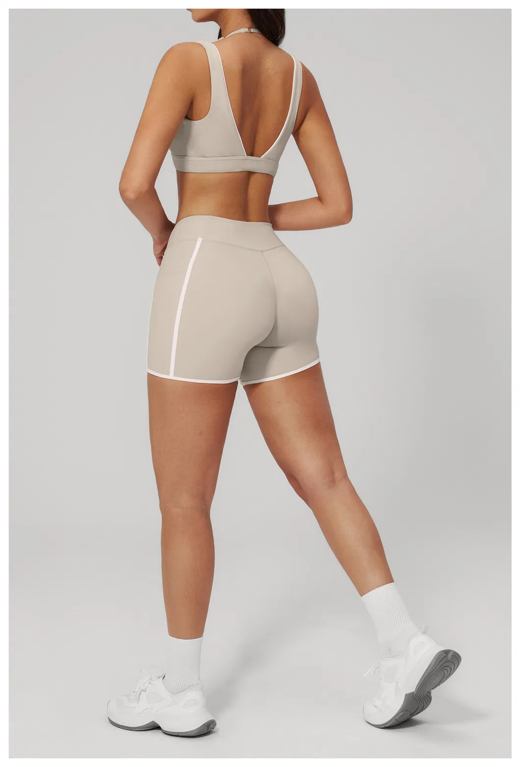 Womens Casual Fashionable Active 2 Piece Fitness Clothing with Deep V Neck Layered Sports Yoga Bra High Waist Gym Running Mini Shorts