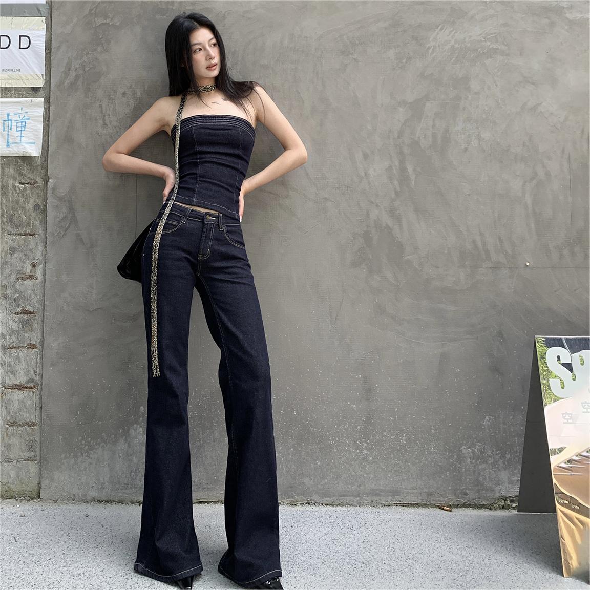 Women's Rigid Indigo Stretch Denim Co-ord Set Bandau Crop Top &amp; Low-Rise Bootcut Jeans