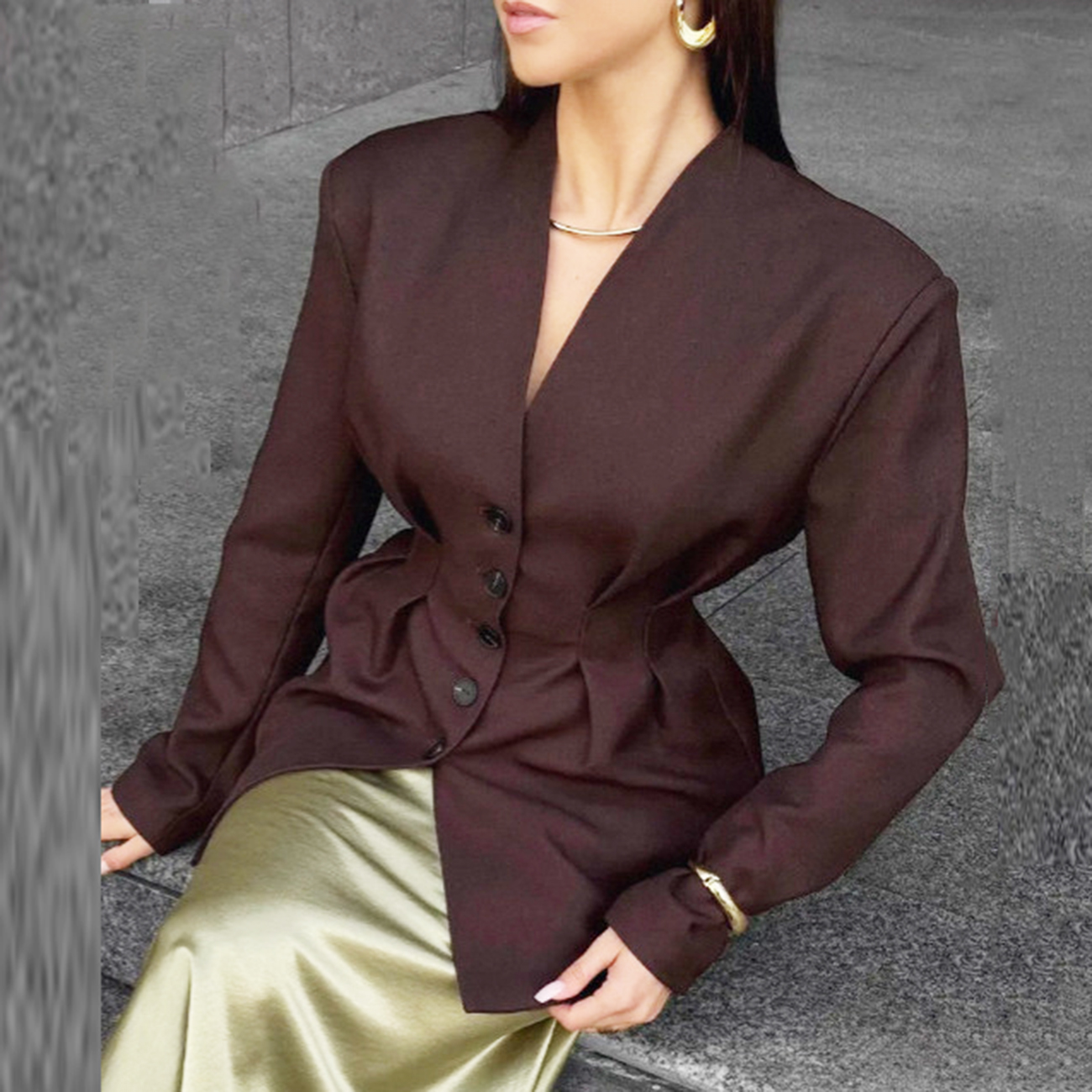 Enyami Retro Women's Autumn Winter New Single-Breasted Chic Outwear Waist Long-Sleeved Jacket V-Neck Blazer