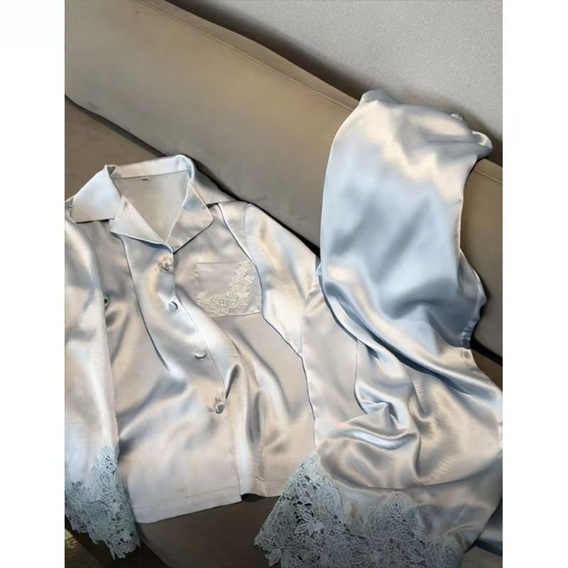 Meryjia Summer Women's Two-Piece Long Sexy Loungewear Solid Pattern Satin PJs with Full-Length Turn Collar Pyjamas