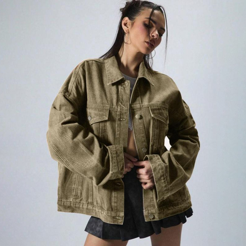 Women's Plain Button Front Drop Shoulder Denim Coat Casual Long Sleeve Collared Pocket Outerwear for Daily Wear Ladies Clothes