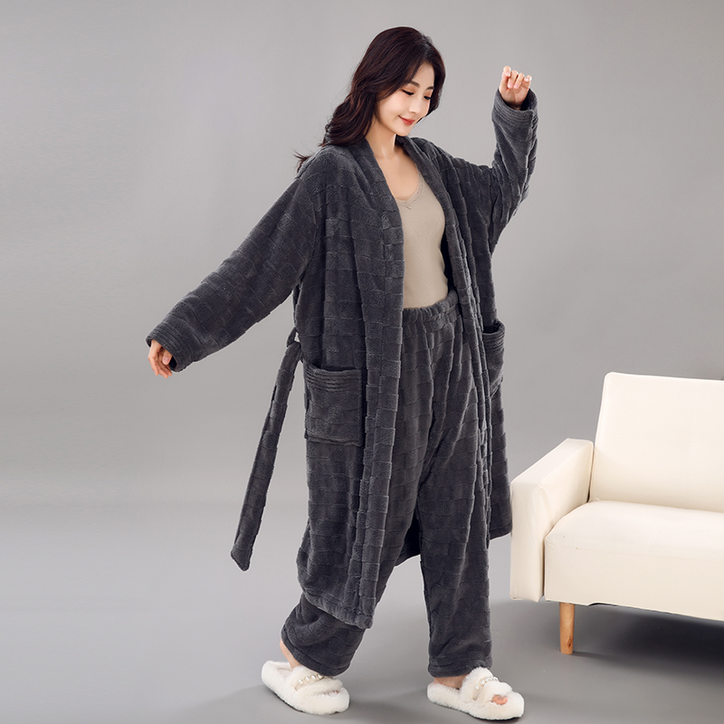 Fleece Pajamas Plus Size Coral Print Robe Breathable Long Bathrobe for Women for Morning Autumn Winter