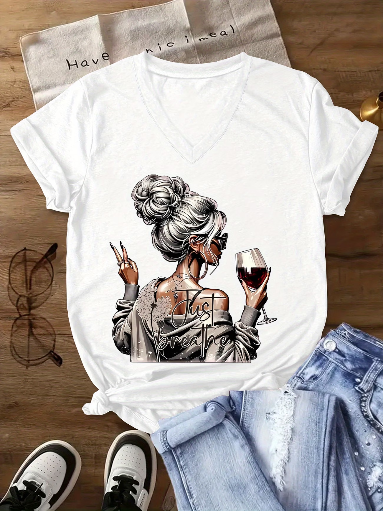 OEM Custom Women's V-Neck Cotton Polyester Loose Fit T-Shirt Plus Size Character Print Graphic Casual Soft Sexy Tee Tops LOW MOQ