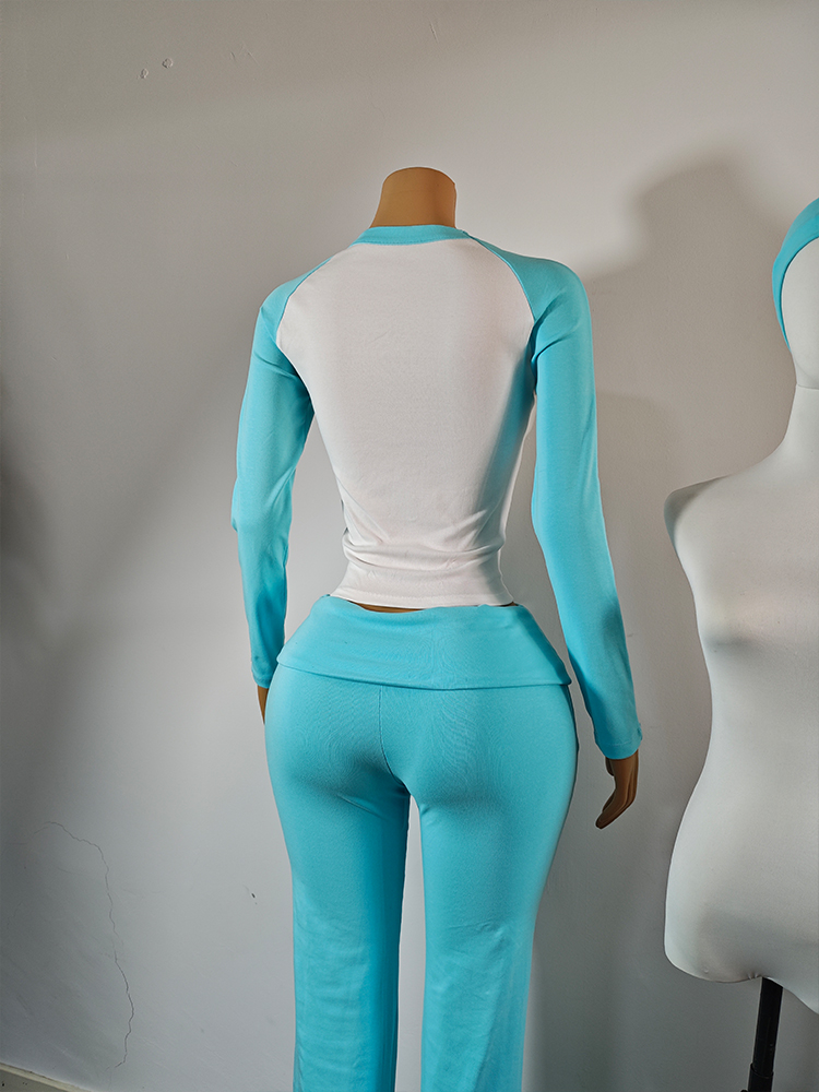 Women's 2-Piece Print Loungewear Set Long Sleeve Short Top Flared Foldover Pants Hairband-Spandex/Cotton Casual Skinny Fit