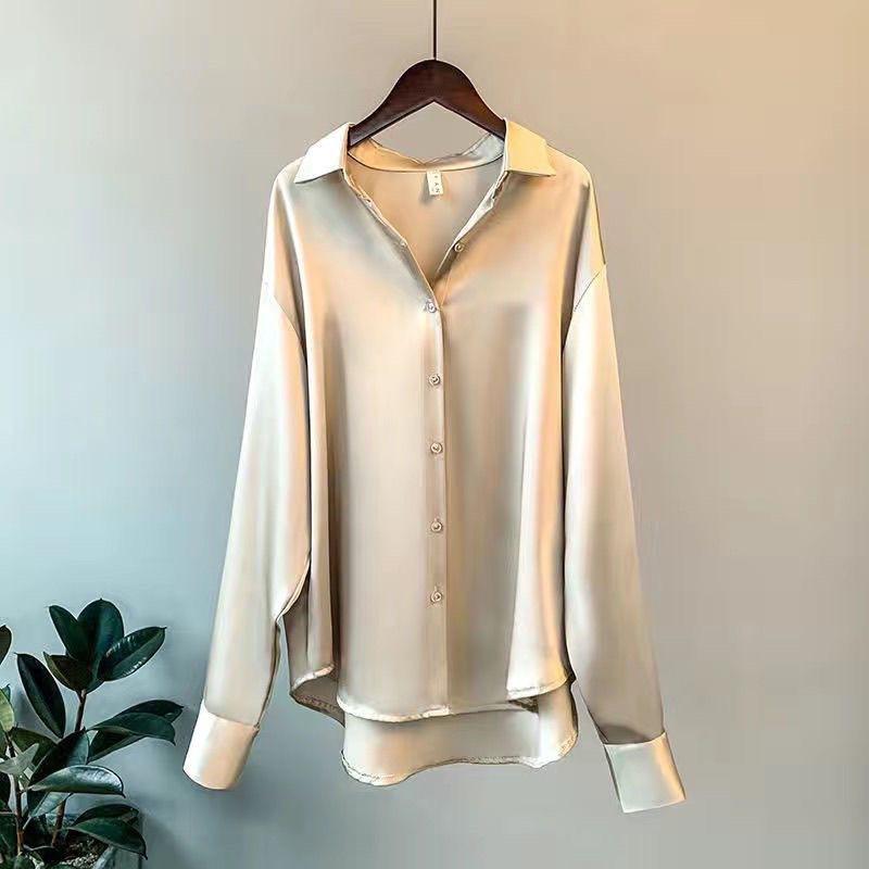 Luxury Women's Satin Office Blouse Polished Button-Up Closure Long Sleeve Deep V-Neck Detail Retro Turn-Down Collar Chic