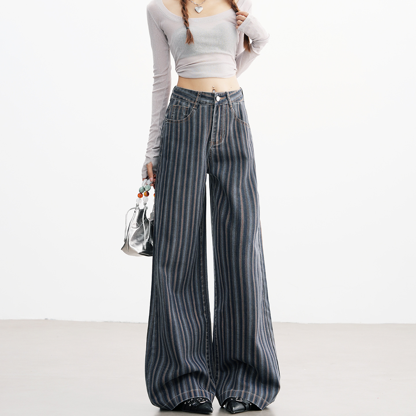 Spring Autumn Women's Design - Sense Niche Black Vertical Stripe High - Waist Loose Wide - Leg Denim Jeans