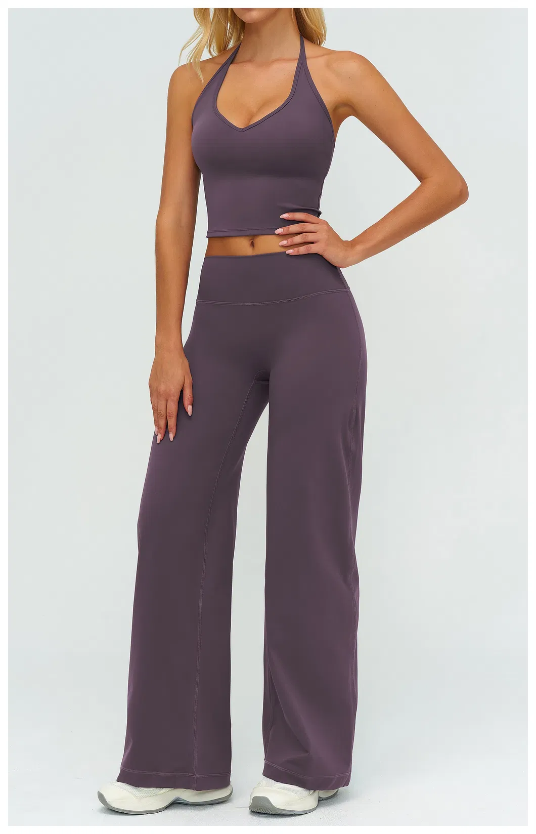 Elegant Resort Wear Yoga Set Halter Neck Top & Flowing Wide Leg Palazzo Pants, Naked Feel for Beach & Vacation