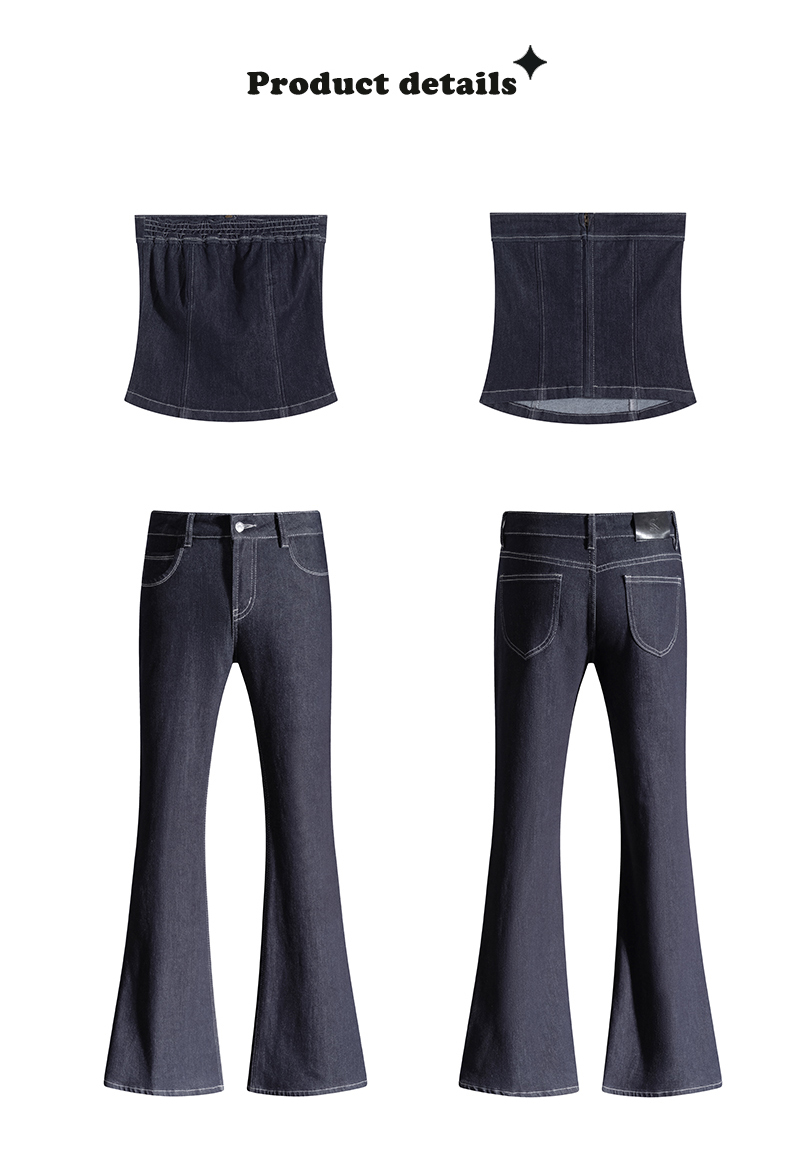 Women's Rigid Indigo Stretch Denim Co-ord Set Bandau Crop Top &amp; Low-Rise Bootcut Jeans