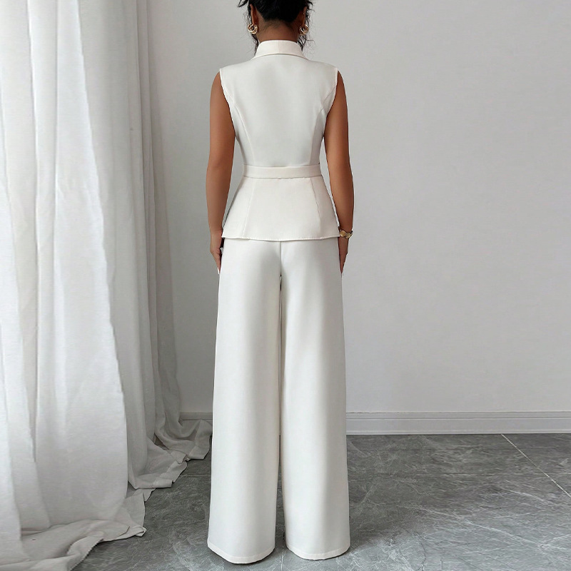 Women's White Office Suit-Winter Autumn New Elegant Sleeveless Shirt & Wide-Leg Pants Formal Workwear Set