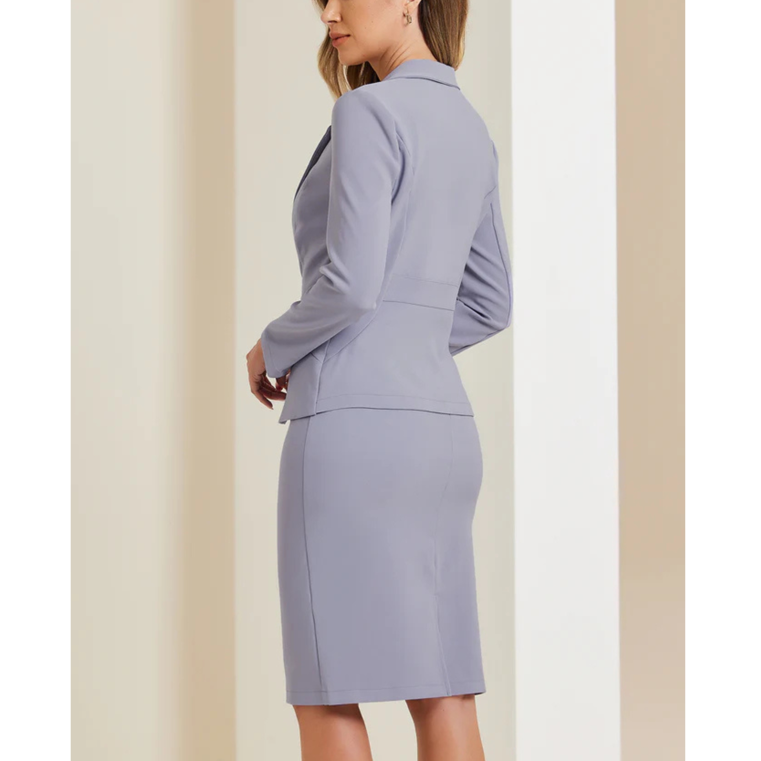 Women's Casual Business Suit Set 2-Piece Long Sleeve Blazer Skinny Fit Pencil Skirt Notched Lapel Solid Pattern for Office