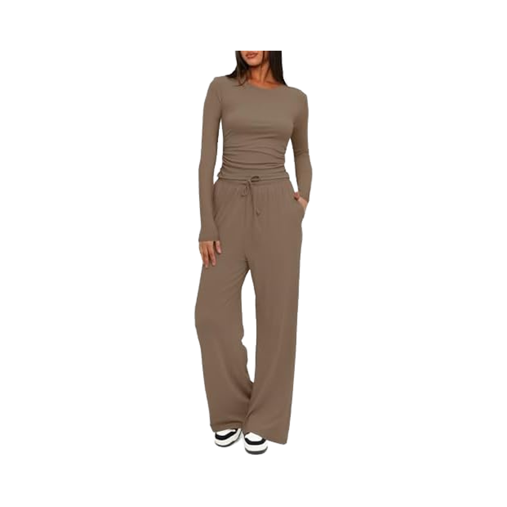 Women's Loose Fit 2-Piece Casual for Lounge Set Solid Pattern Wide Leg Knitting Tracksuit Top with Long Sleeve for Fall Season