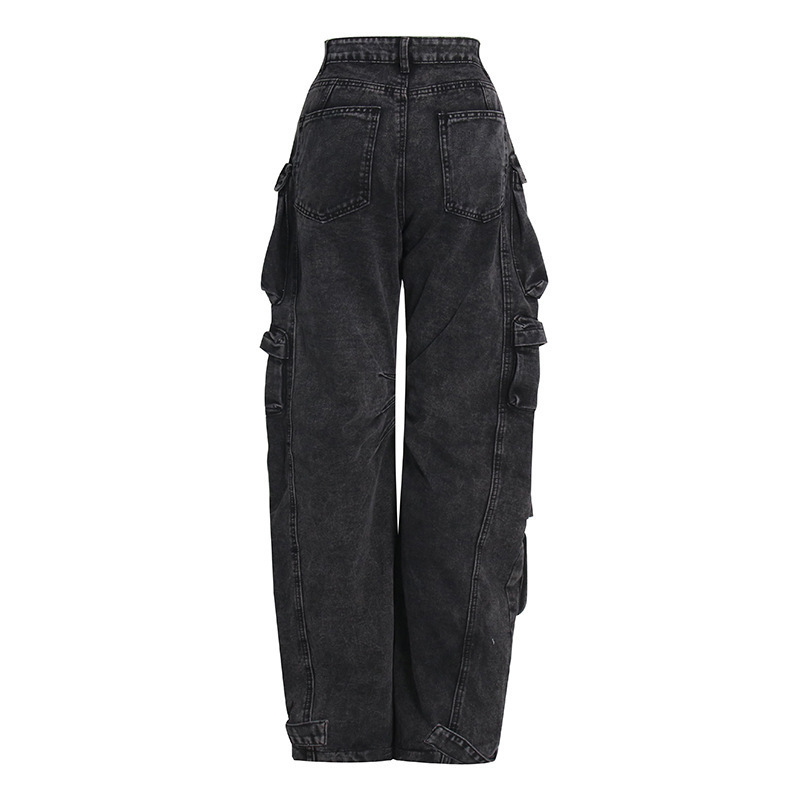 Women's Fashionable Streetwear Cargo Pants with Large Print Multi-Pockets Baggy Harem Jeans Style Washed Denim Fabric for Ladies