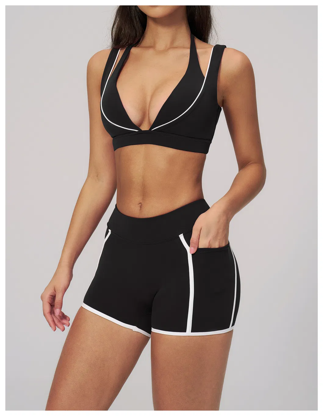 Womens Casual Fashionable Active 2 Piece Fitness Clothing with Deep V Neck Layered Sports Yoga Bra High Waist Gym Running Mini Shorts