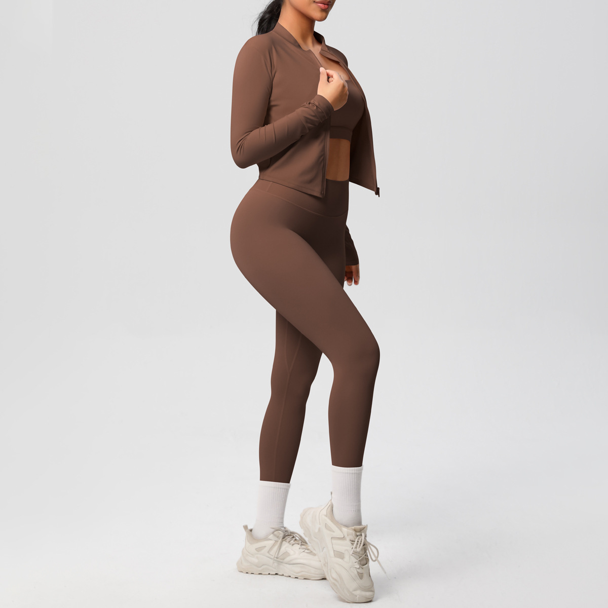 Women's Active Wear Gym Yoga Run Workout Sportswear Fitness 3PCS Clothing Sets Long Sleeve Tops Zipper Jacket High Solid Front