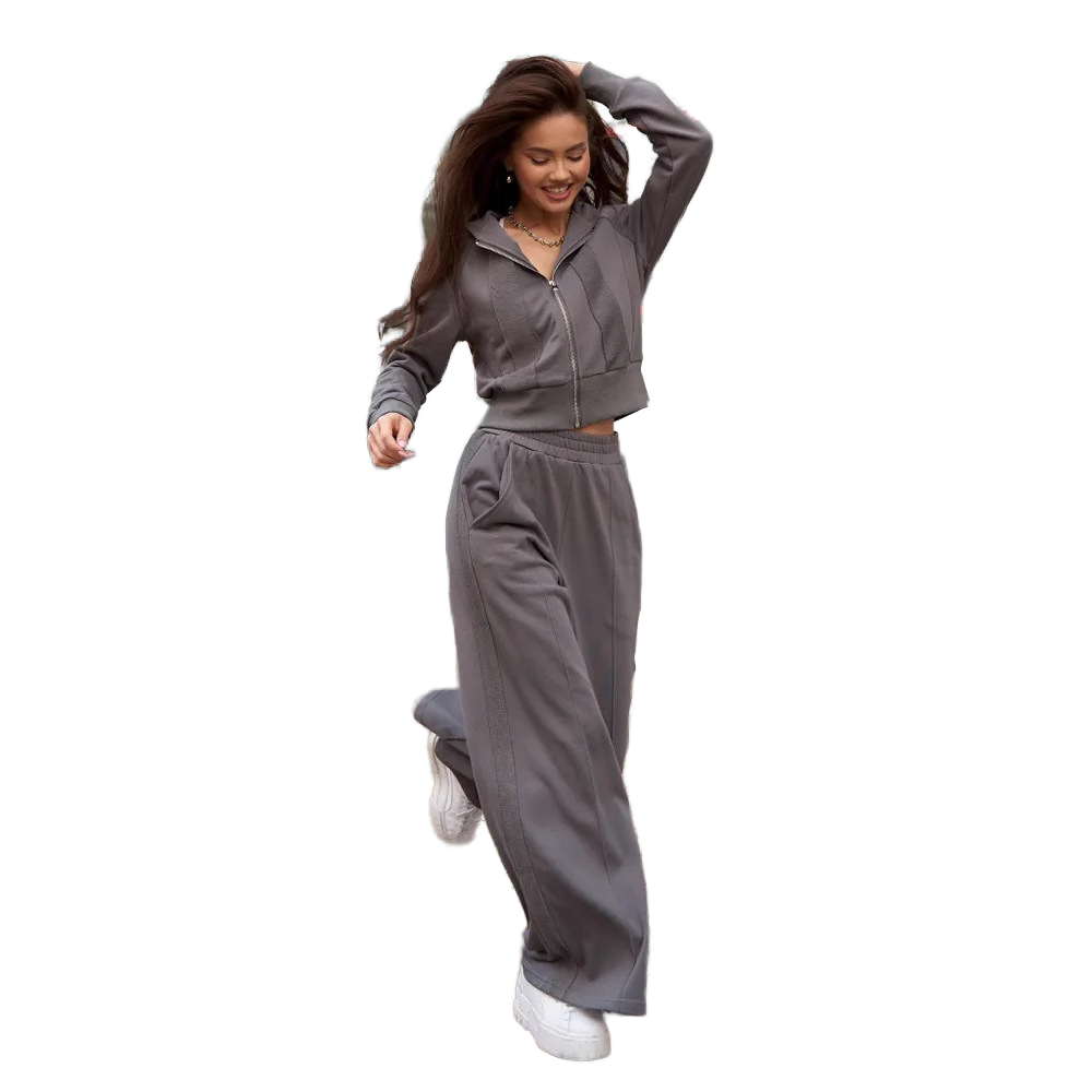 Women's Casual Spring Autumn Eco-friendly Sports Two-Piece Set Long Sleeve Hooded Cardigan Pants Solid Breathable Polyester