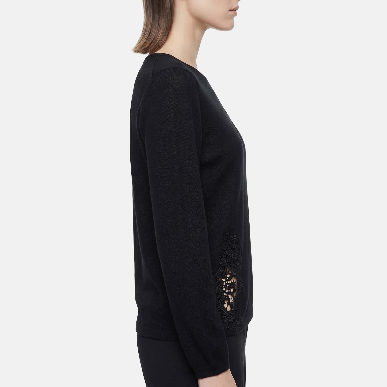 Premium New Honssen Women 99% Silk Knitwear Fine Sequin Anti Static Lace Splicing at Shoulder &amp; Hem Elegant Long Sleeve Top