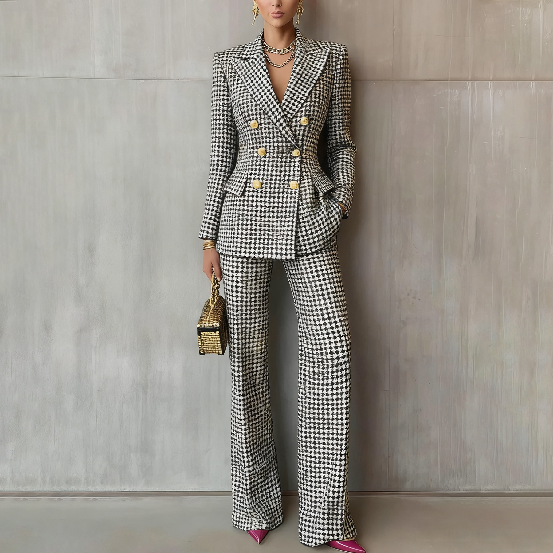 2026 New Arrival Women's Business Elegant Plaid &amp; Houndstooth Office Two-Piece Suits Set
