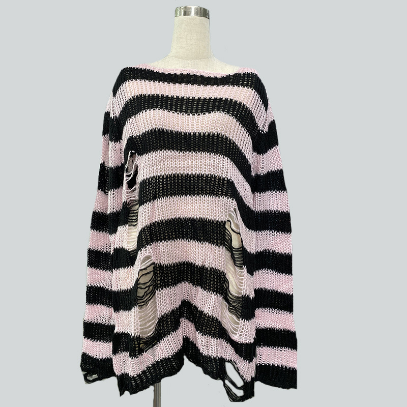 Y2K Women's Long Knitted Mohair Streetwear Pullover New European American Loose Striped Holey Thin Knit Sweater