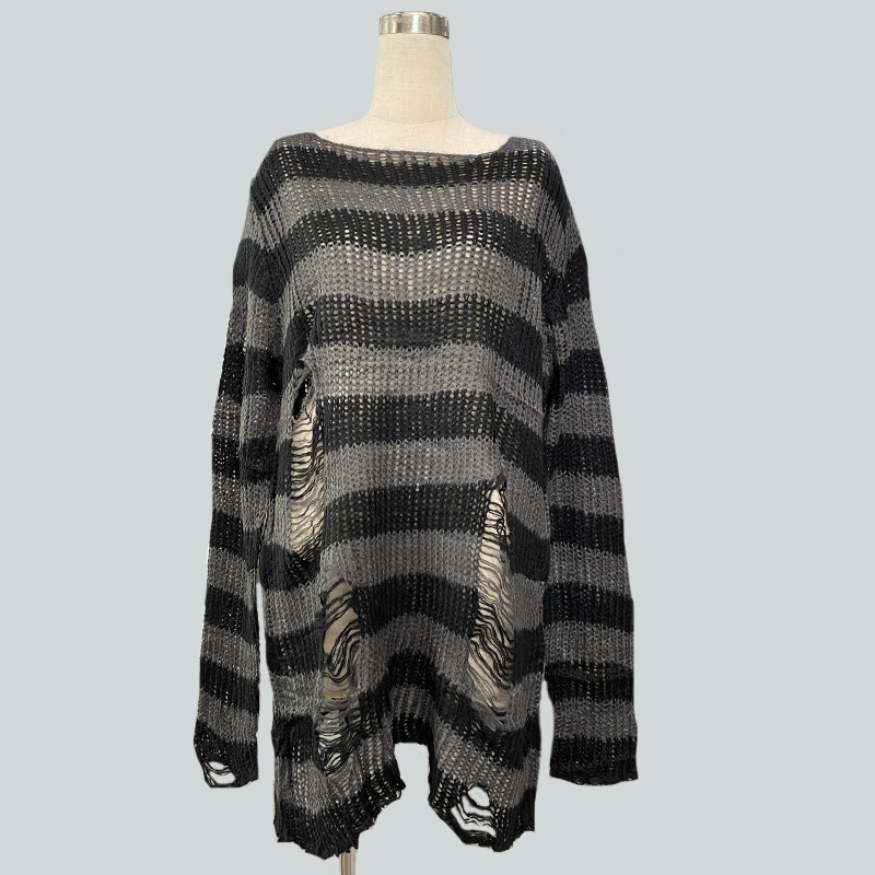 Y2K Women's Long Knitted Mohair Streetwear Pullover New European American Loose Striped Holey Thin Knit Sweater
