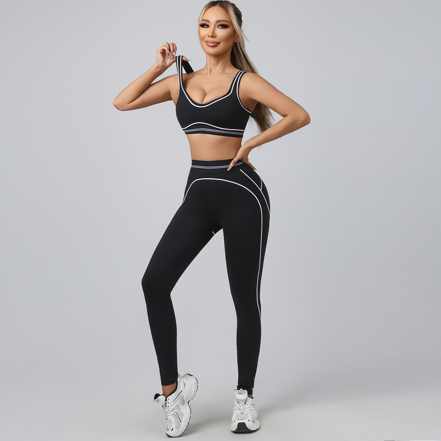Women's High Waisted 2-Piece Sportswear Gym Leggings Breathable Pilates Workout Ropa Deportiva with Solid Pattern