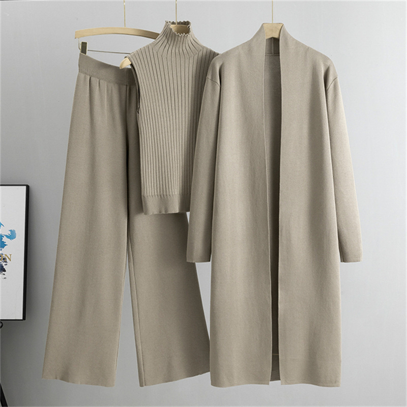 Autumn New Elegant Simple Women'S Knitted Set Sleeveless Tank Top Long Sweater Cardigan Pants Three Piece Sets