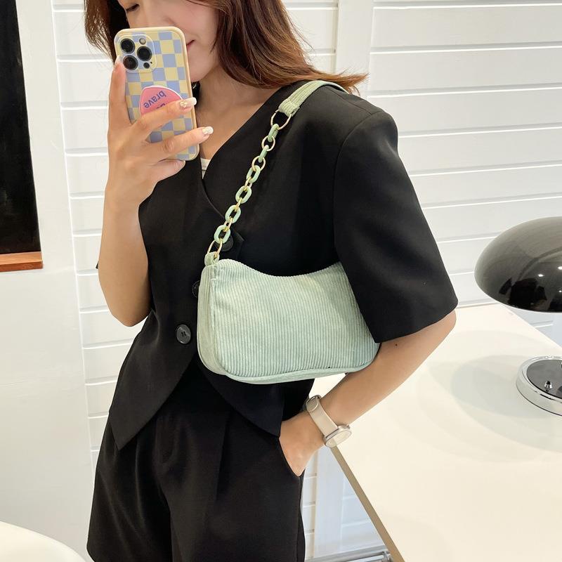 Wholesale Solid Color Simple Women's Handbags Casual Chain Crossbody Corduroy Striped Tote Bag