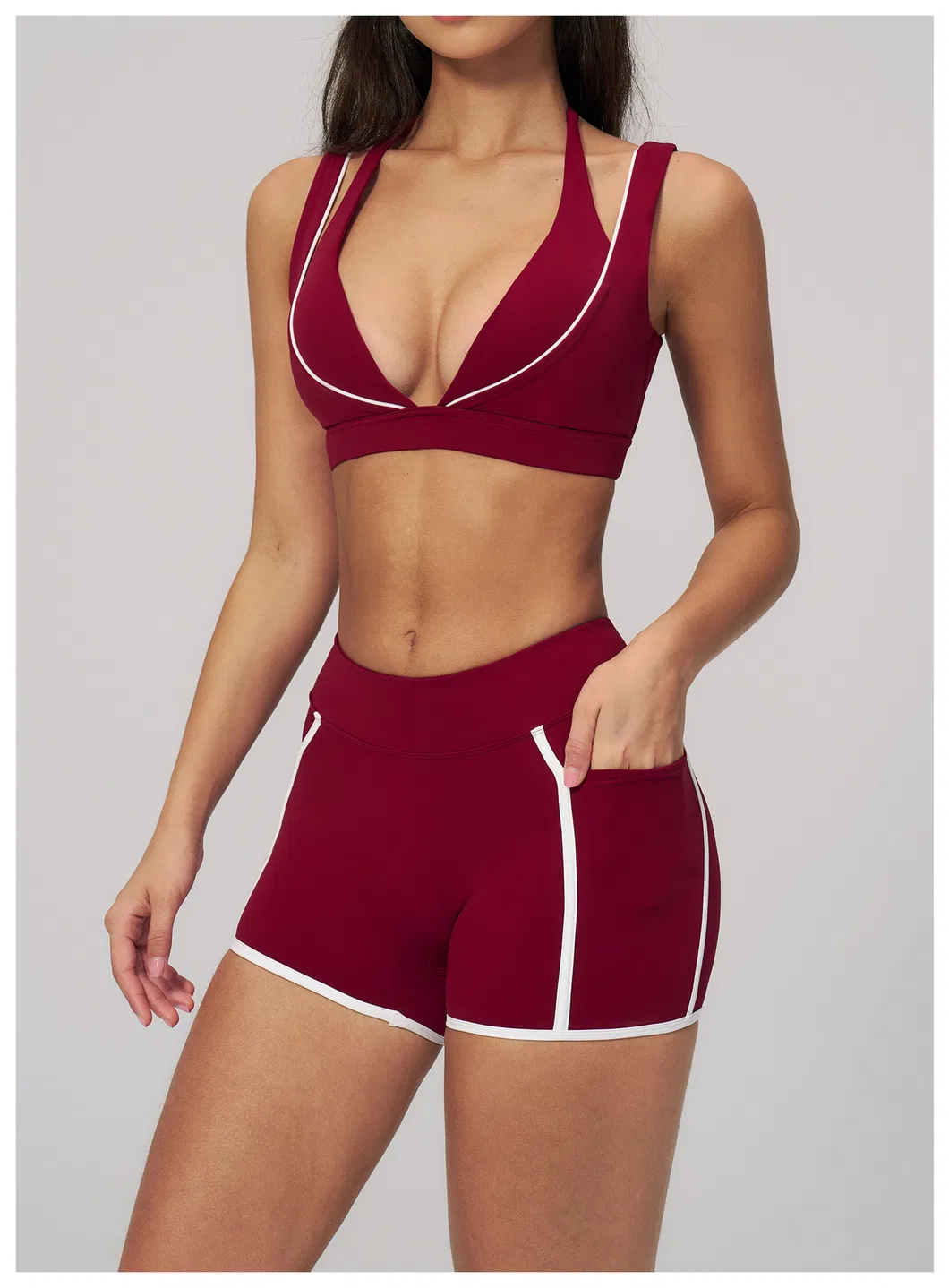 Womens Casual Fashionable Active 2 Piece Fitness Clothing with Deep V Neck Layered Sports Yoga Bra High Waist Gym Running Mini Shorts
