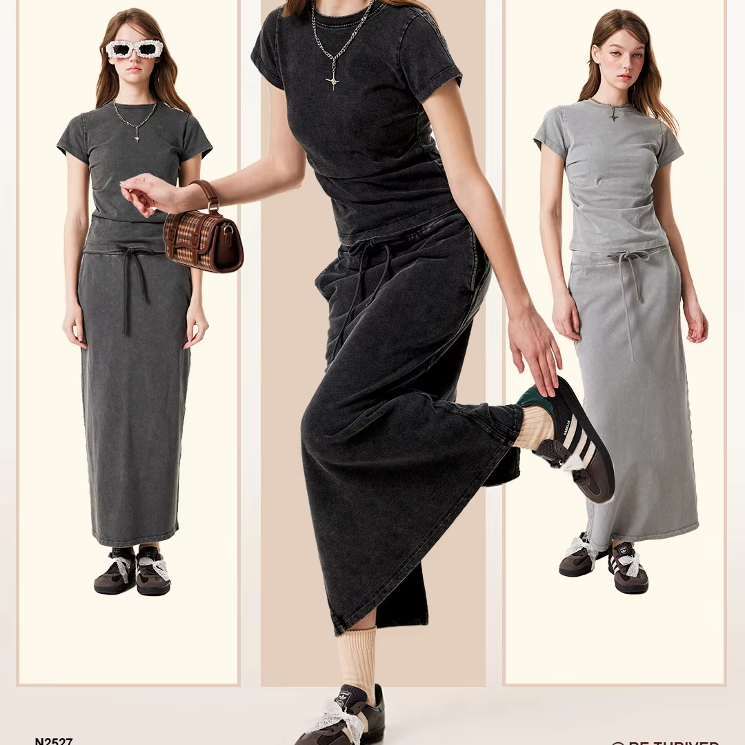 Custom logo Acid Cotton Elegant High-End Women's Summer Straight Skirt Set Heavy Industry Webbing Loose Tshirt