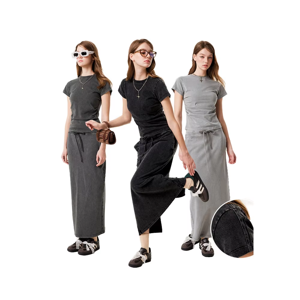 Custom logo Acid Cotton Elegant High-End Women's Summer Straight Skirt Set Heavy Industry Webbing Loose Tshirt