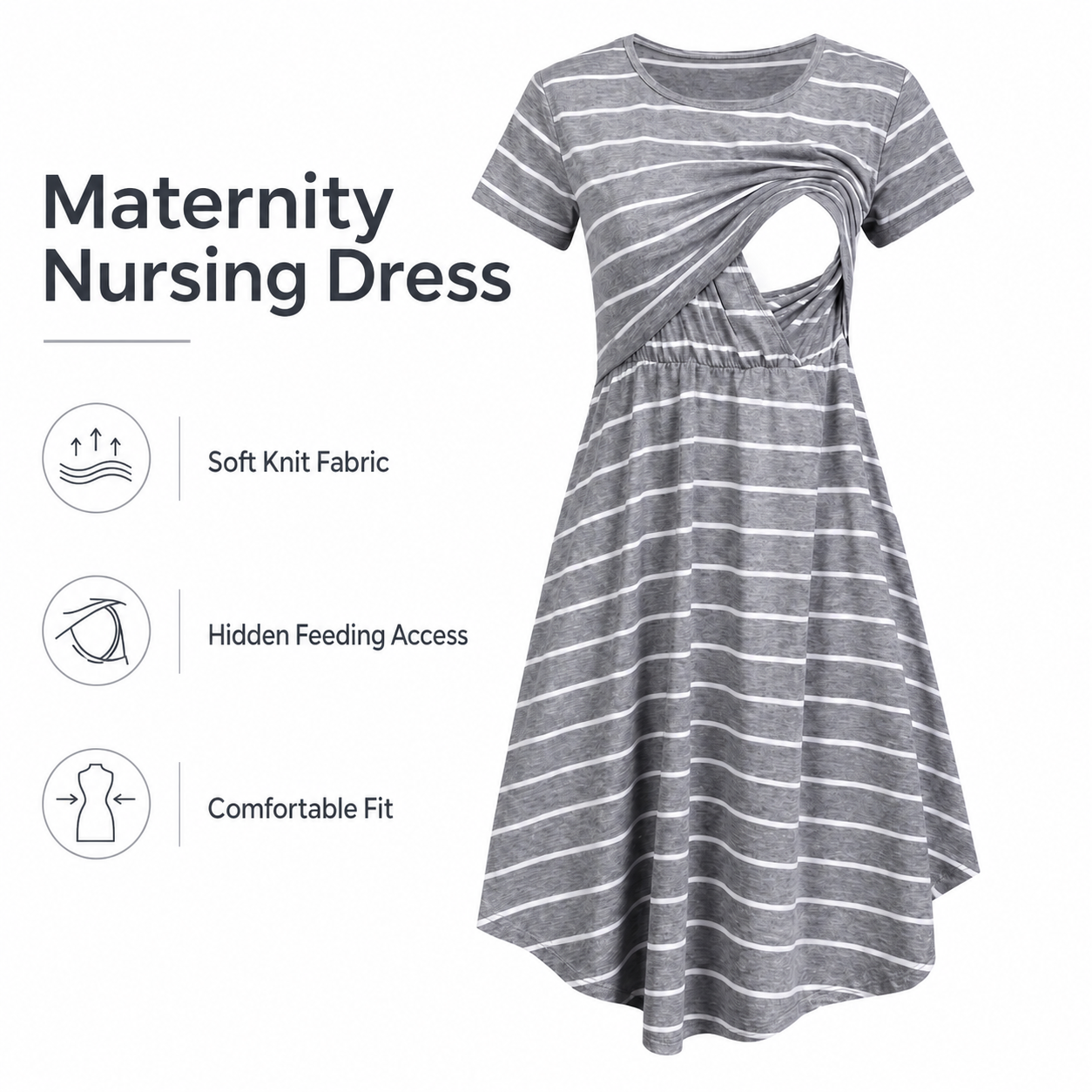 Wholesale OEM Cotton Striped Nursing Dress Short Sleeve Breastfeeding Midi Maternity Dress for Women
