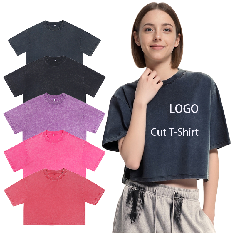 Custom logo Acid Wash Vintage Cut Cotton T-shirt Crop Top Hot Sexy Girl Women's T-shirts Tee Cropped T-shirt Women Streetwear