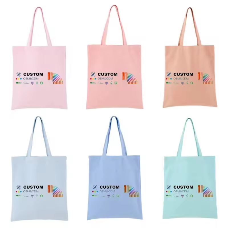Hot Sale Custom Silk Screen Printed Logo Eco-friendly Women's Travel Beach Cotton Canvas Tote Shopping Bags with Long Handle