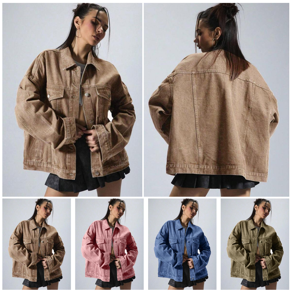 Women's Plain Button Front Drop Shoulder Denim Coat Casual Long Sleeve Collared Pocket Outerwear for Daily Wear Ladies Clothes