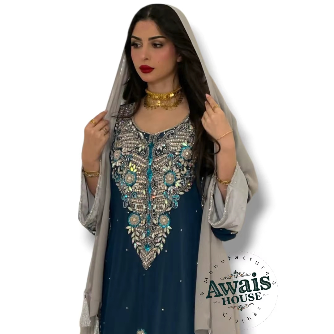 Solid Luxury Embroidery Beaded Eco-Friendly Washable Chiffon Floor-Length A-Line Kaftan Abaya Islamic Clothing Muslim Women's