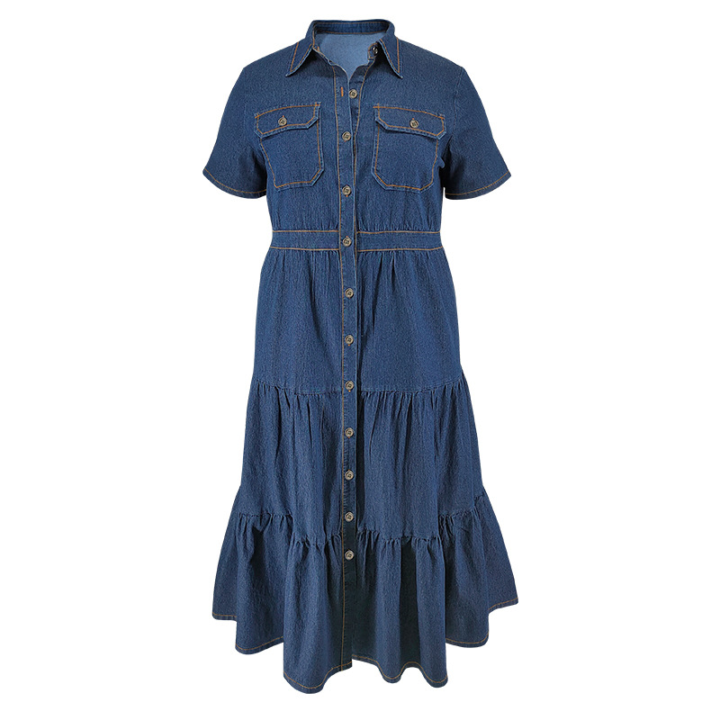 Plus Size Women Clothing Denim Dress Fashion Turn Down Collar Casual Long Streetwear Elegant A-Line Mom Jeans Dresses Vestidos