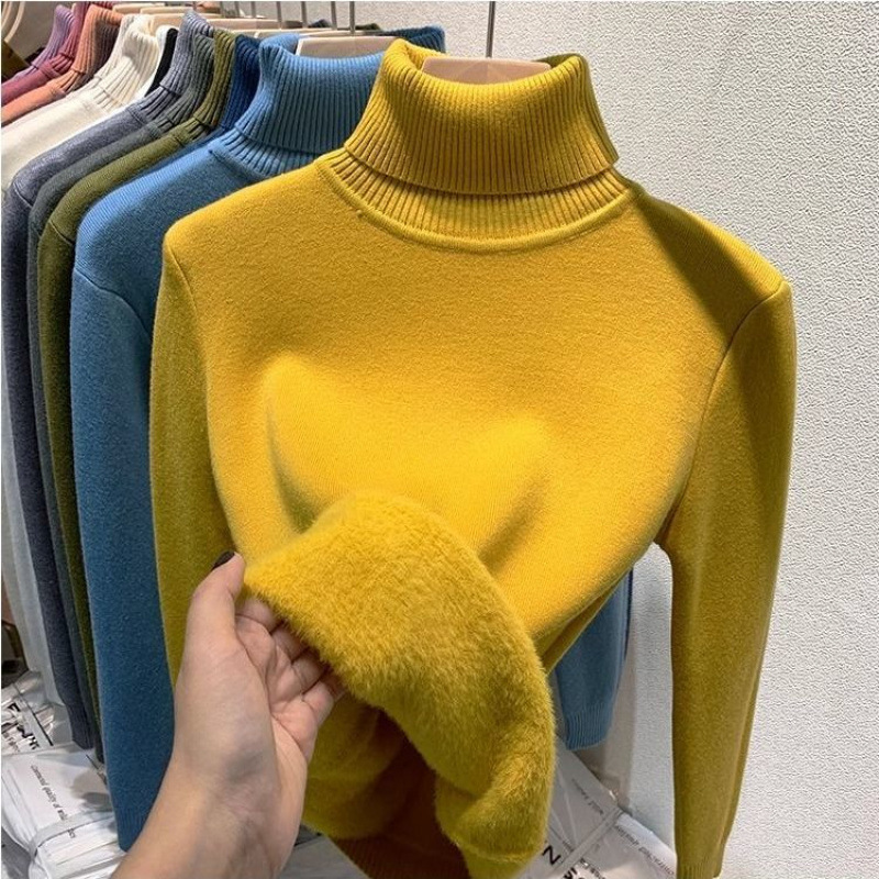 Women's Knit Tops Casual Turtleneck Thick Sweater Top with Long Sleeves Autumn Winter Solid Slim Fleece Pullover Top for Spring