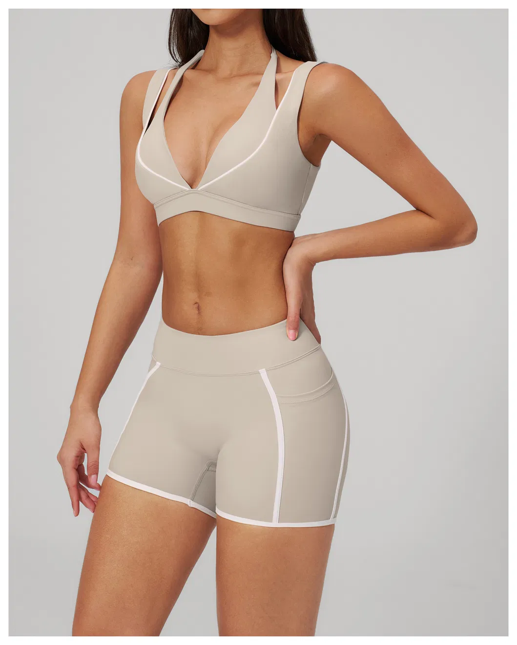 Womens Casual Fashionable Active 2 Piece Fitness Clothing with Deep V Neck Layered Sports Yoga Bra High Waist Gym Running Mini Shorts