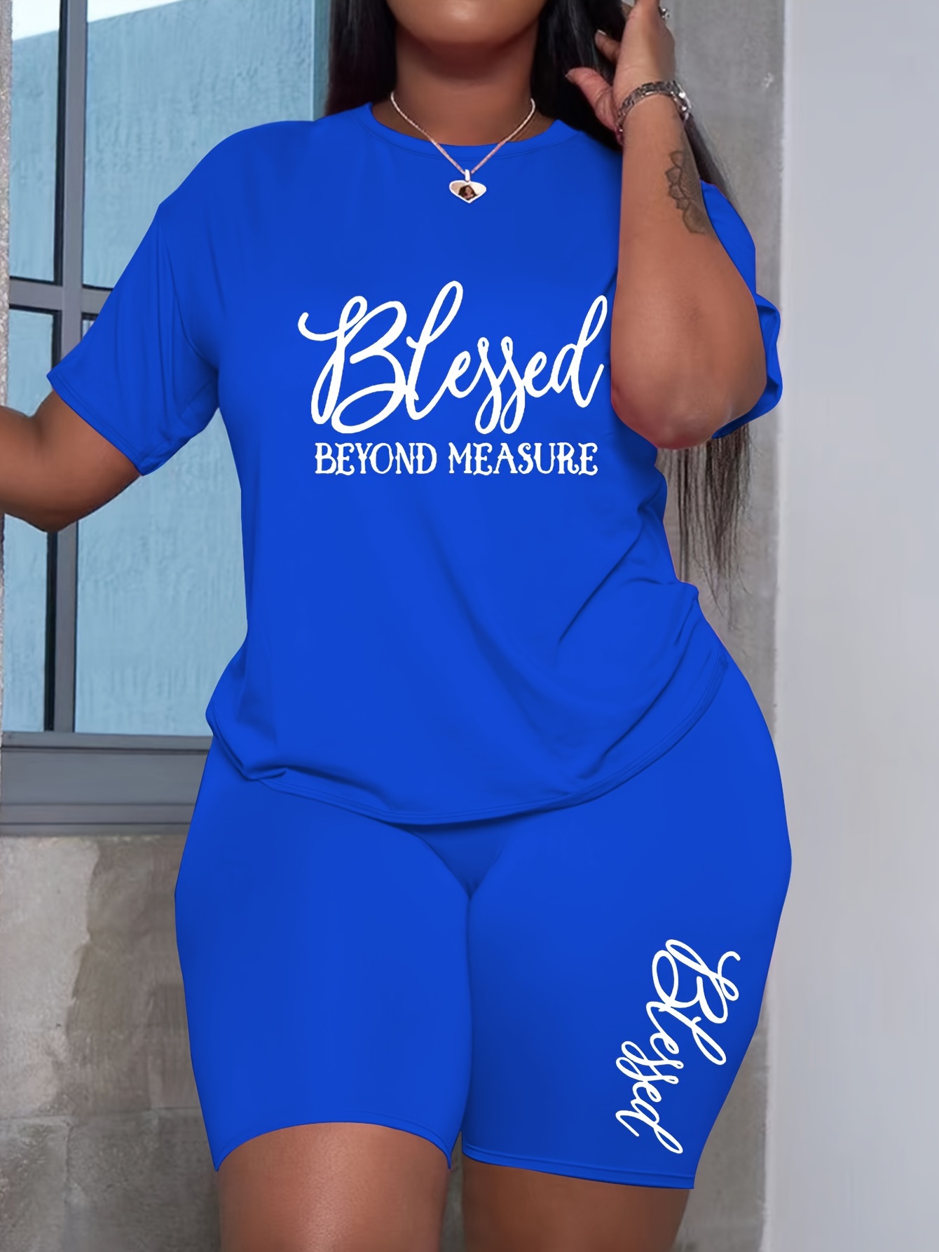 Women's Oversize Loose Fit Blessed Beyond Letter Sets Print Summer Breathable Two-Piece T-Shirt Shorts Set for Gym &amp; Streetwear